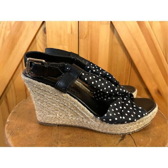 Laura Ashley KILBY Wedge Sandals Espadrilles Shoes black white dots SZ 7B - Picture 1 of 9